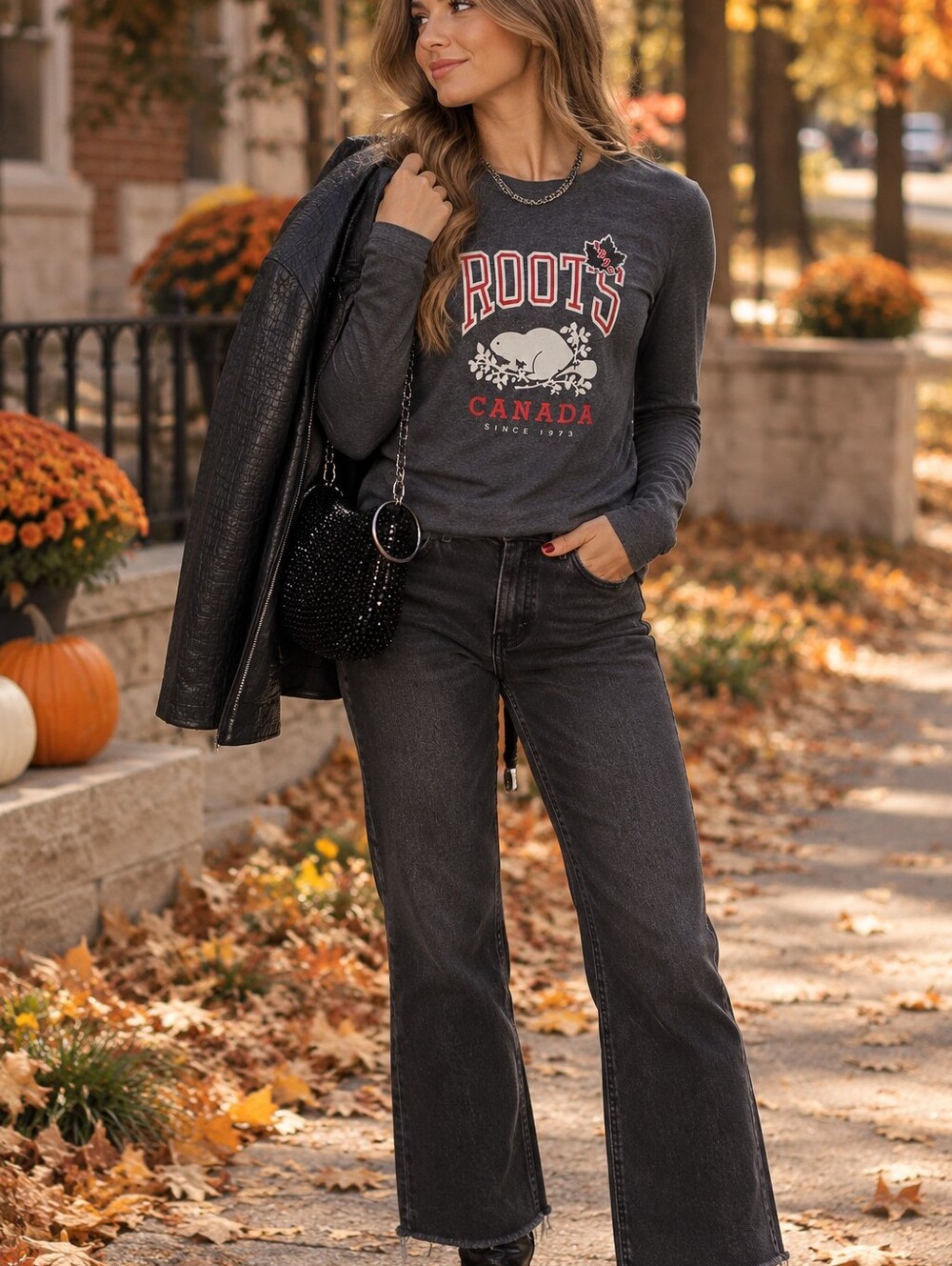 Roots Canada Women's S/P Small Petite Dark Gray Cooper Beaver Long Sleeve Tee
